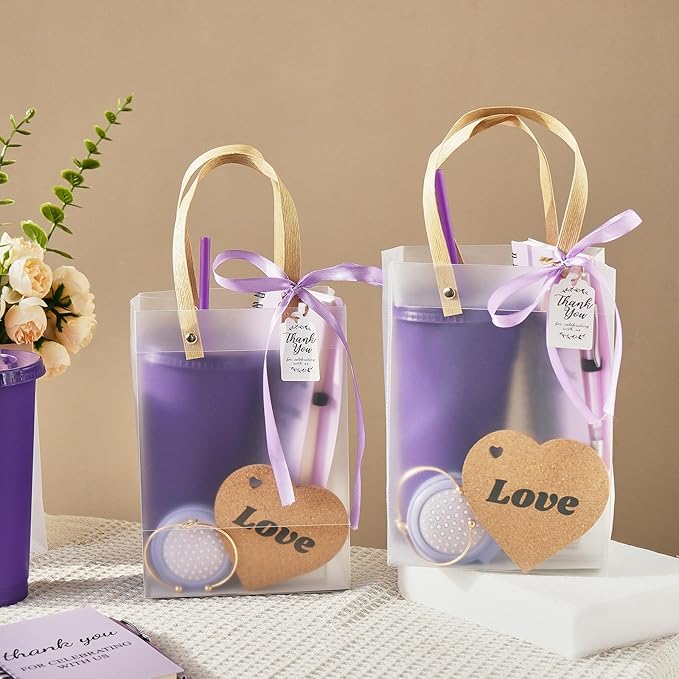 56Pcs Baby Shower Prizes for Game Winners Baby Shower Favors Gifts including Plastic Tumbler Notebook Scented Candles Ballpoint Pen Mirrors with Hair Brushes Bracelet Gift Bag (Purple)