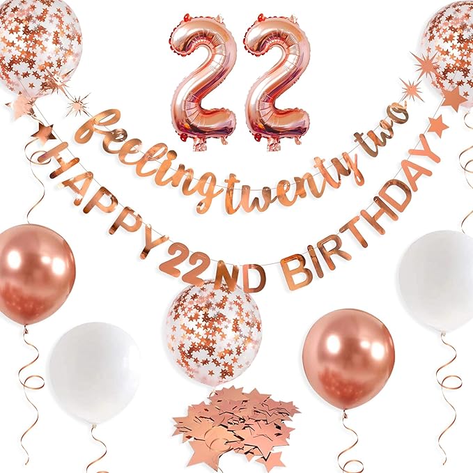 Rose Gold 22nd Birthday Banner, Garland, Foil Balloon, Decorations, Hanging, Cheers to 22 Years Old Party Supplies Backdrop