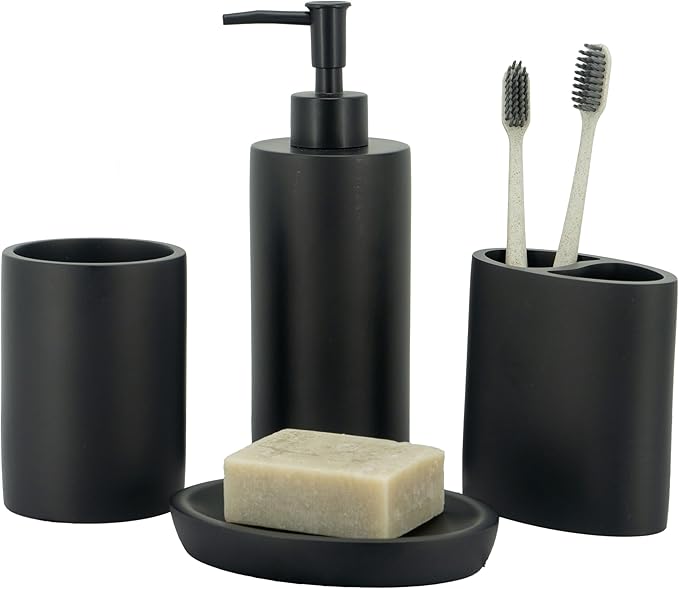 ZCCZ Grey Bathroom Accessory Sets, 4 Pieces Bathroom Accessories Complete Set Vanity Countertop Accessory Set, Includes Lotion Dispenser Soap Pump, Tumbler, Toothbrush Holder and Tray
