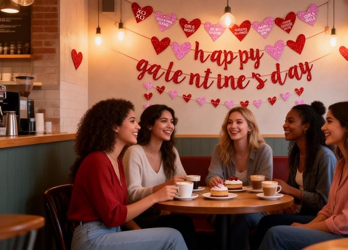 Deneo Happy Galentine's Day Banner, Red Glittery Galentine’s Day Decorations with Heart Garland Banner, Ladies Girls Happy Valentine’s Day Party Decorations Photo Prop