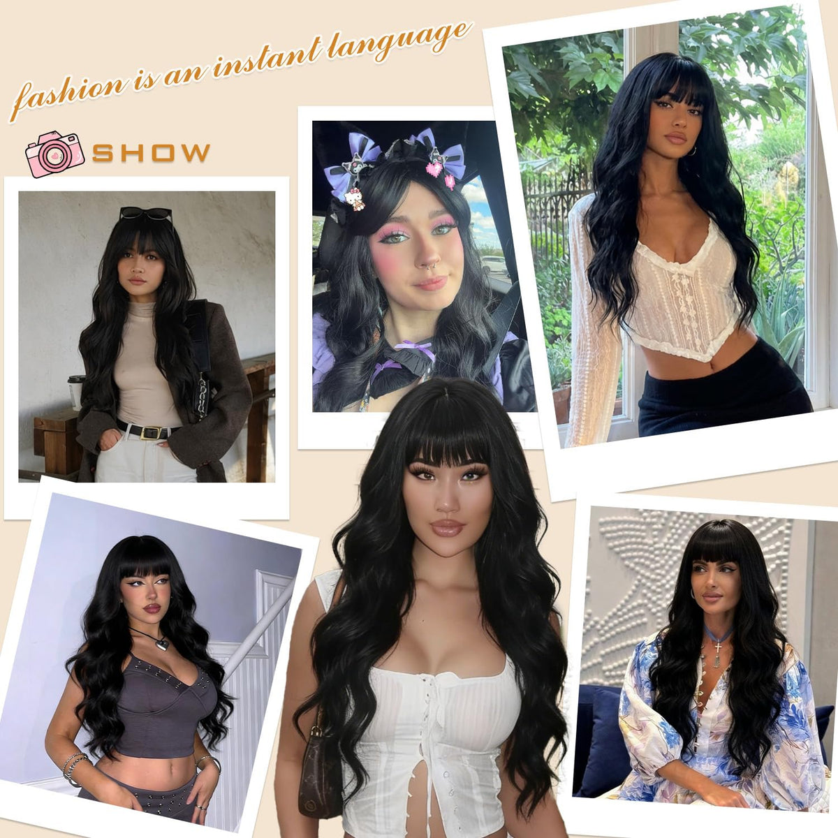 MINSEEYOO Black Wig with Bangs for Women Long Black Wavy Wigs 26 Inch Natural Black Wigs Natural Looking Heat Resistant Synthetic Wig for Daily Party Use