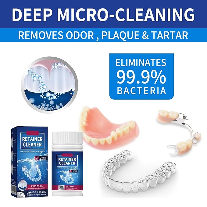 Dental Retainer Cleaner Tablets, 100 Count, 3 Minute Action, Whitening Formula for Dentures and Mouthguards