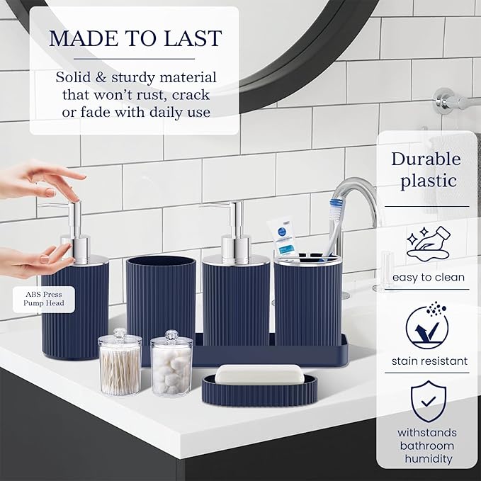 Navy Blue Bathroom Accessories Set, 10PC Bathroom Set, Bath Accessory with Pop Up Trash Can, Soap Dispenser, Toilet Brush, Toothbrush Set Qtip Holders & Tray