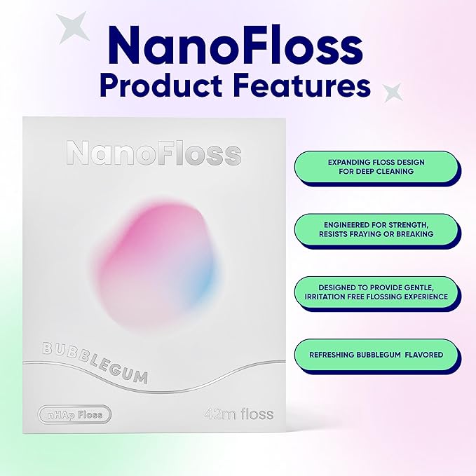 Something Nice NanoFloss Threader for Teeth, Vegan Dental Floss Thread, nHAP1000D Polyester Fiber Waxed with Nano Hydroxyapatite for Enamel Care Kid Friendly, Bubblegum Flavored, 42M