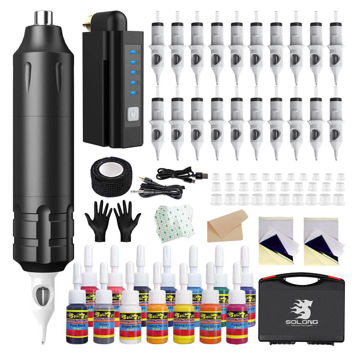 Solong Tattoo Kit-Tattoo Pen Kit Rotary Gun Machine Pen RCA with Wireless Battery 20Pcs Cartridge Mixed Needles Power Supply SLP1KIT02D-1-US