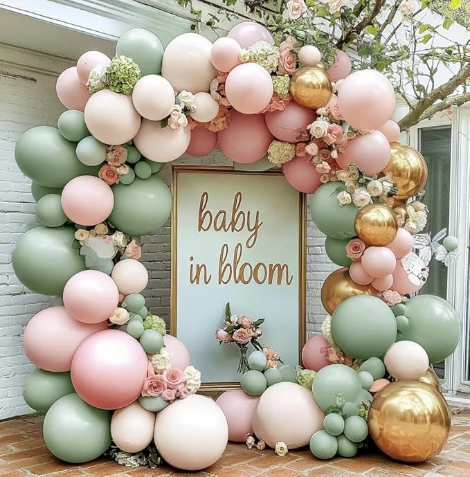 Dusty Green Pink Balloon Arch Double Stuffed Pastel Baby Pink Light Green White Cream Balloon Metallic Gold Latex Balloons for Baby in Bloom Bridal Shower Birthday Wedding Easter Party Decorations
