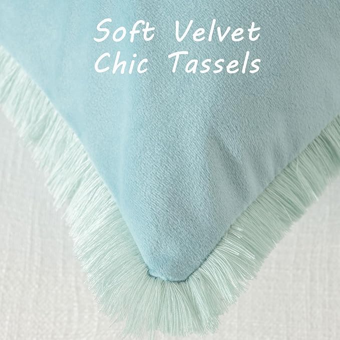 FUTEI Aqua Velvet Decorative Throw Pillow Covers 22x22 Set of 2,Soft Cozy Edge with Tassels Cushion Case,Boho Modern Home Decor for Couch Bed Living Room