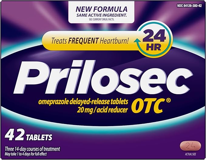 Prilosec OTC, Omeprazole Delayed Release 20mg, Acid Reducer, Treats Frequent Heartburn for 24 Hour Relief, All Day, All Night*, 20mg, 42 Tablets