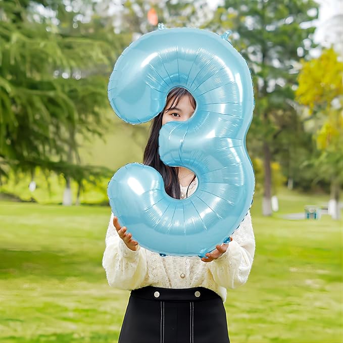 40 Inch Light Blue Number 3 Balloons - Helium Mylar Foil Number Balloons for Birthdays, Boy Baby Shower & Wedding Decorations