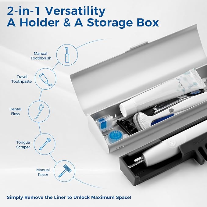 Aluminum Electric Toothbrush Travel Case, 2 in 1 Travel Toothbrush Holder for Oral B/Oral-B Pro 1000 1500 5000 7000 and Most Electric Toothbrush for Traveling, Removable Silicone Liner-Silver