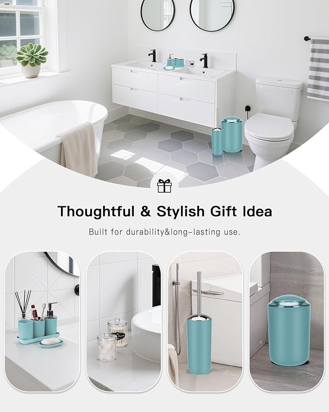 IMAVO Bathroom Accessories Set,Blue Bathroom Set,9 Pieces Bathroom Accessory Set,Tray,Qtip Holders,Toilet Brush,Trash Can for Bathroom Décor and Home Gifts