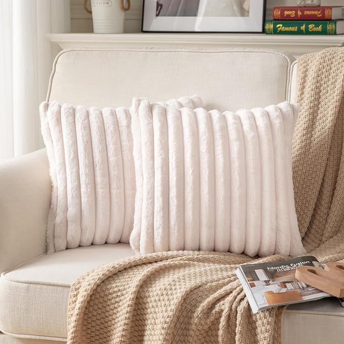 DEELAND Pack of 2,Double-Sided Faux Fur Plush Decorative Throw Pillow Covers Fuzzy Striped Soft Pillowcase Cushion Covers for Sofa Couch Bedroom Beige 22x22 inch