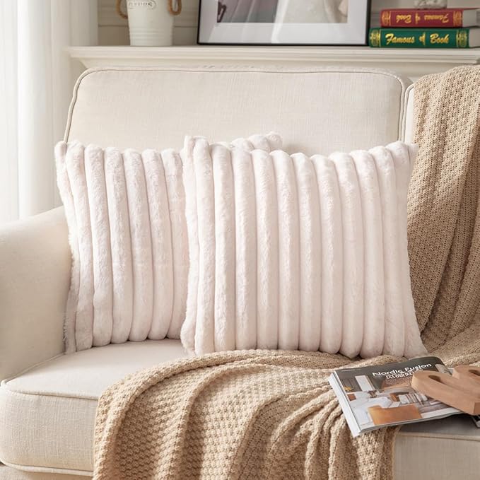 DEELAND Pack of 2,Double-Sided Faux Fur Plush Decorative Throw Pillow Covers Fuzzy Striped Soft Pillowcase Cushion Covers for Sofa Couch Bedroom Beige 26x26 inch