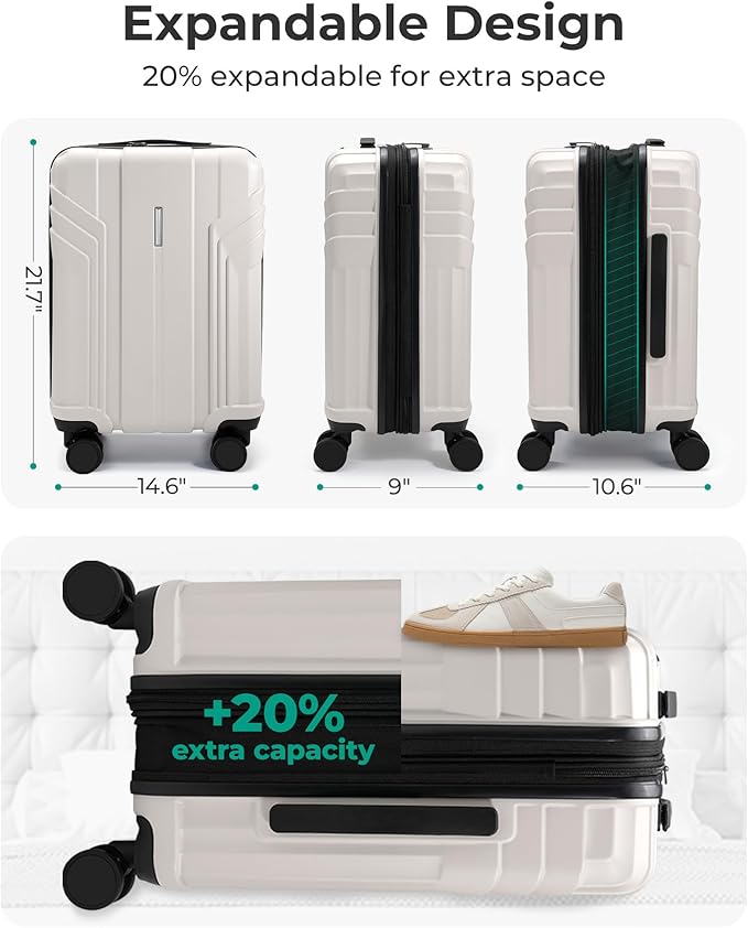 BAGSMART Expandable Carry On Luggage 22x14x9 Airline Approved, 1OO% PC Lightweight Hard Shell Suitcase, 20 Inch Travel Luggage with Spinner Wheels, Waterproof Rolling Suitcase, Biege