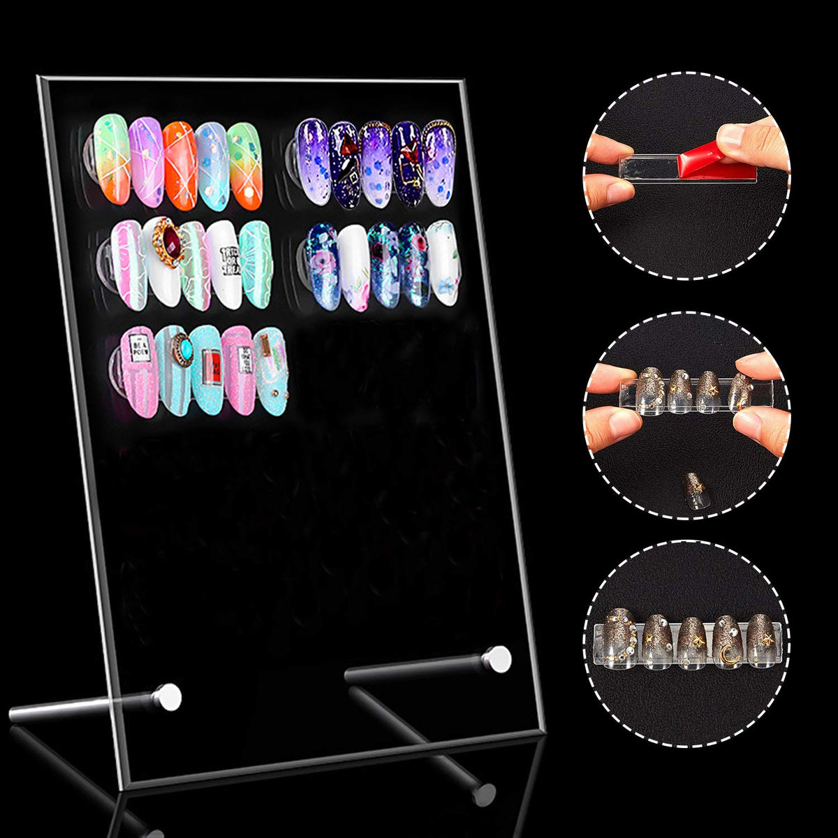 Noverlife 2PCS Transparent Nail Art Display Board, Acrylic False Nail Tips Sample Display, Display Polish Board for Nail Art Design, Professional Salon Nail Color Nail Practice Board - Large & Small
