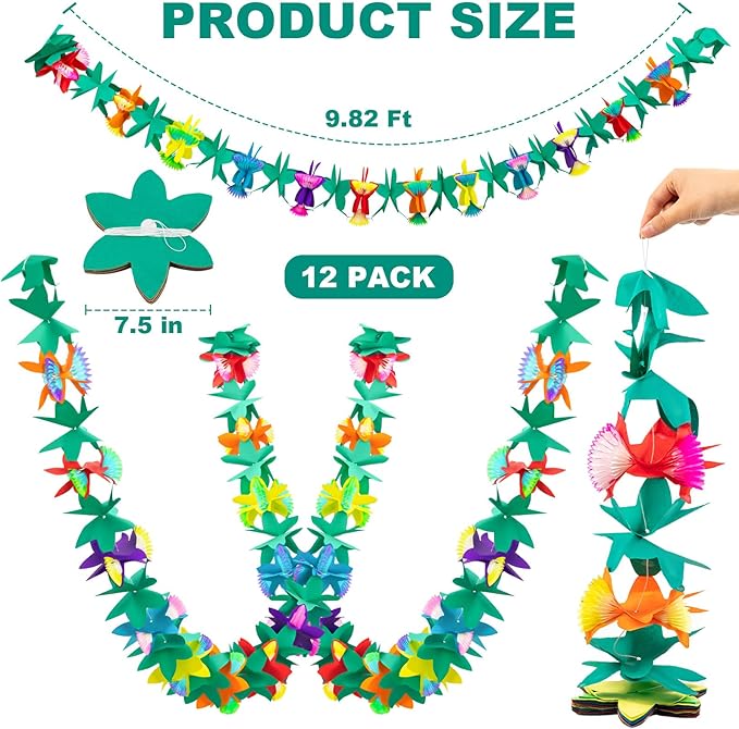 12Pcs Tropical Flower Garlands, Colorful Luau Flower Garlands, 118 Feet Length Paper Flowers Garland Decorations for Hawaiian Beach Party Birthday Baby Party Wedding