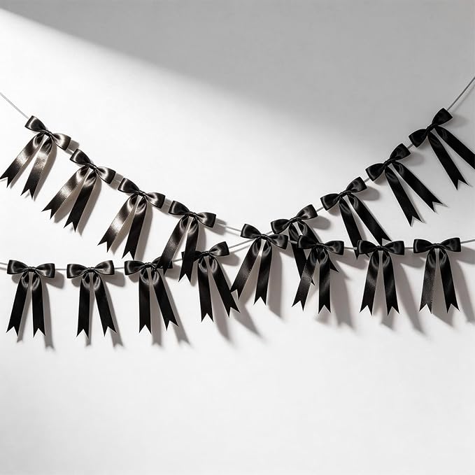 2 Strings Black Bow Garland Banner Decorations, 16Pcs Pre-Strung Satin Ribbon with 6.7ft Chain for Women Ribbon Bow Banner Coquette Room 30th Birthday Bridal Shower Wedding Bachelorette Party Decor