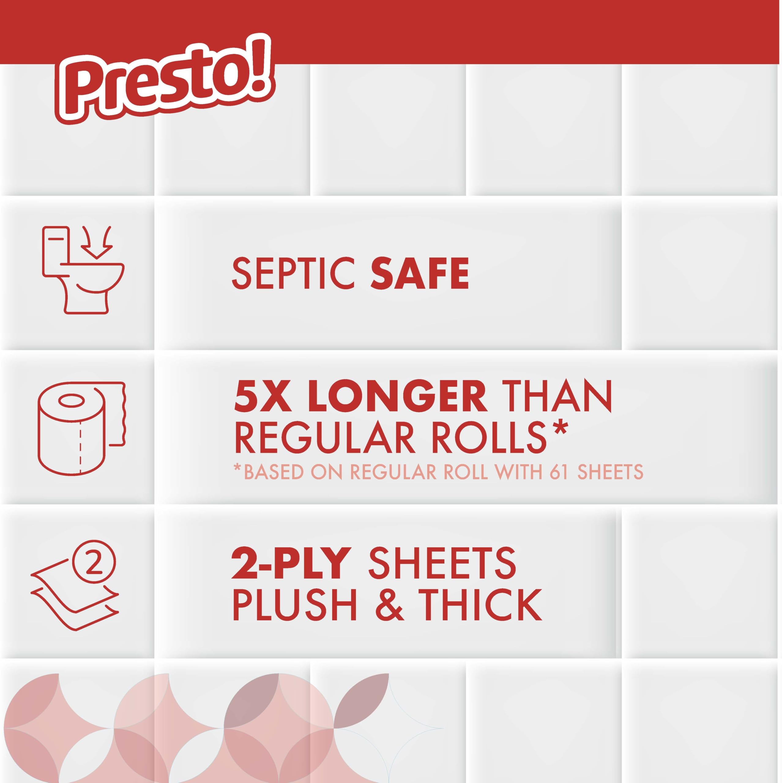 Amazon Brand - Presto! Ultra-Strong 2-Ply Toilet Paper, 12 Mega Rolls = 60 Regular Rolls, 308 Sheets Per Roll, Unscented