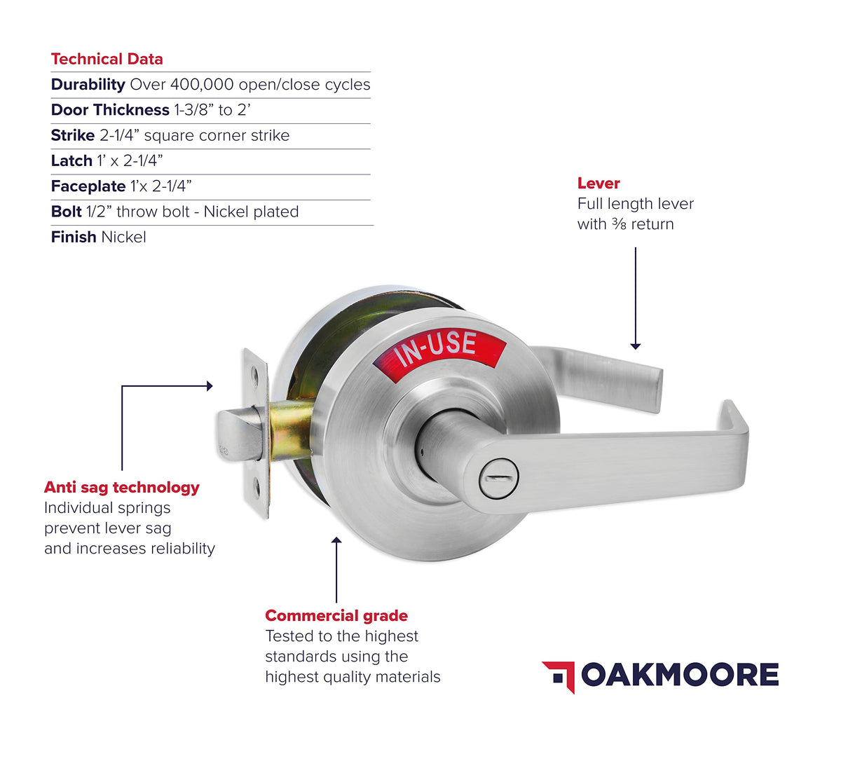 OAKMOORE Commercial Door Handle | Vacant Occupied & Commercial Restroom Lock for Public Bathroom & Industrial Buildings
