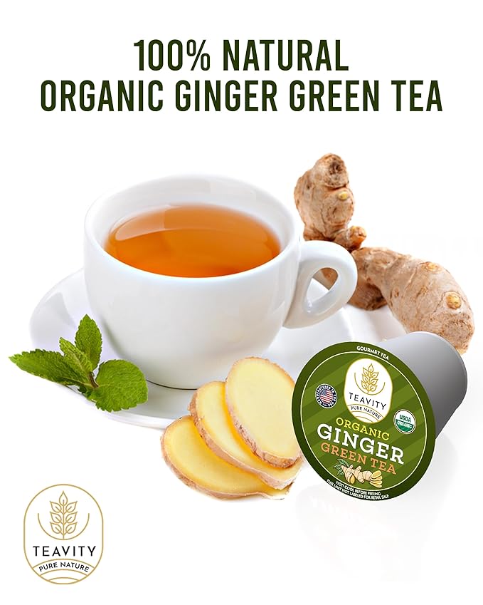 Green Tea & Ginger Tea Pods for Keurig - Caffeinated, Organic, Dye Free, Unsweetened, Herbal Blend for K Cup Machines - Hot or Iced (12 Tea Pods)