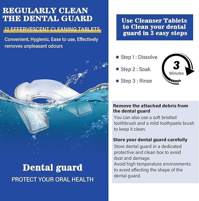 Mouth Guard for Grinding Teeth at Night, Night Guards for Teeth Grinding, Dental Night Guards for Sleep, Comfortable Grinding Guard for Adults with 12 Cleaning Tablets