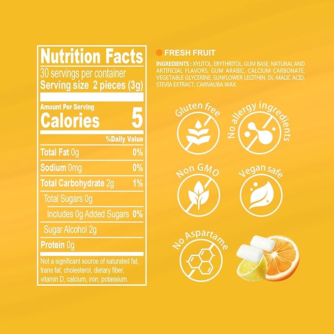 DC24 DAILY CARE Gum, Aspartame Free & Sugar Free, Xylitol Chewing Gum with Erythritol, Low-Calorie, Sugarless, Fresh Fruit Flavored Gum, 50 Pieces (Pack of 1)