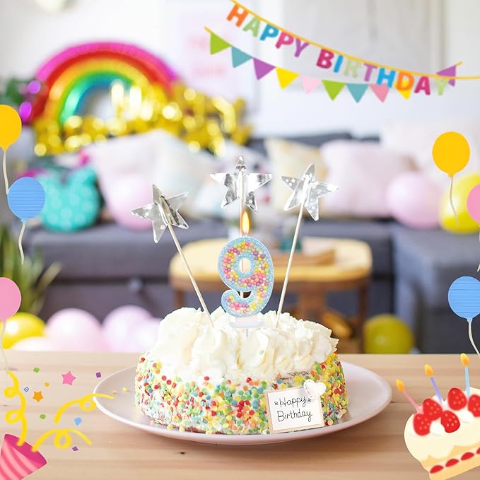 Birthday Candles - Number 9 Candle, Colorful Macaron Candles for Boys/Girls, Blue Cake Decorations, Blue Birthday Decorations, Cartoon Theme Party Supplies