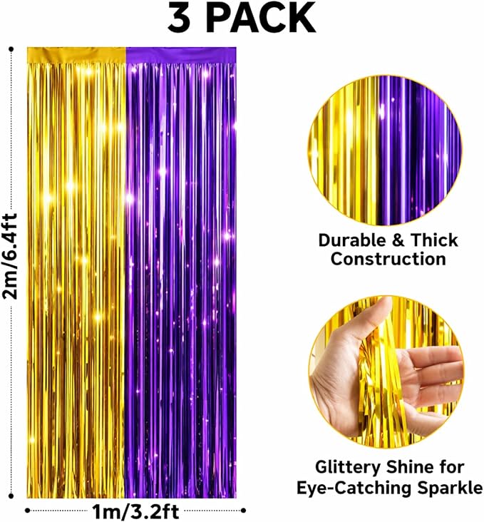 jijAcraft 3 Pack Purple Gold Tinsel Foil Fringe Curtain,Graduation Party Photo Backdrop, Metallic Foil Purple Gold Streamers for Graduation Decor Party Milestone Birthday Theme New Year’s Eve Party
