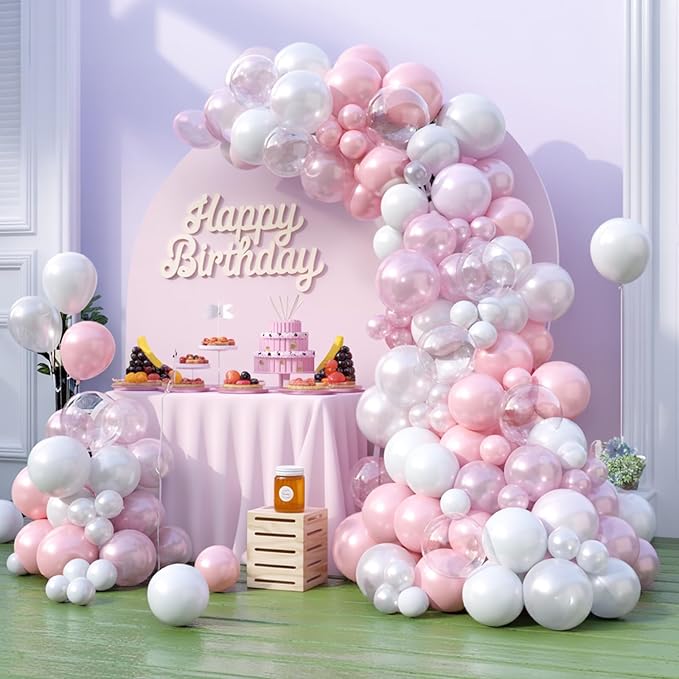 FunHot Pink White Balloon Arch Kit, Pink Balloon Garland, Double Stuffed Pearl Pink Matte White Balloons Large Clear Balloons for Girls Baby Shower Wedding Bridal Shower Birthday Party Decoration