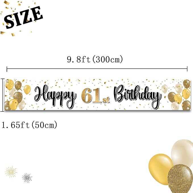 Happy 61st Birthday Decorations,61st Gold Balloon Large Birthday Hanging Banner Sign,61 Years Old Bday Party Supplies.