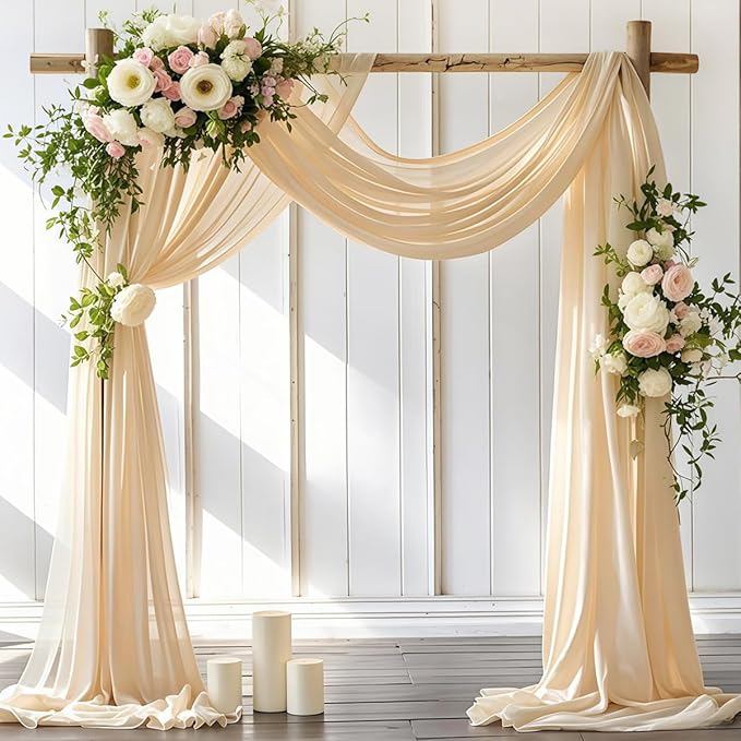 Wedding Arch Draping Fabric 30'' x 18FT Sheer Chiffon Arch Drape Backdrop 2 Panel Champagne Drapes for Easter Bridal Shower Baby Shower Photo Booth Church Decor Birthday Party Outdoor Decor