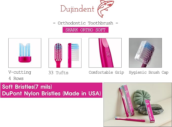 Orthodontic Toothbrush for Braces [4 Packs][Made in Korea] V Trim Cutting American Bristles Braces Toothbrush for Brackets and Wires Cleaning (Shark Ortho Soft, 4 Pack)