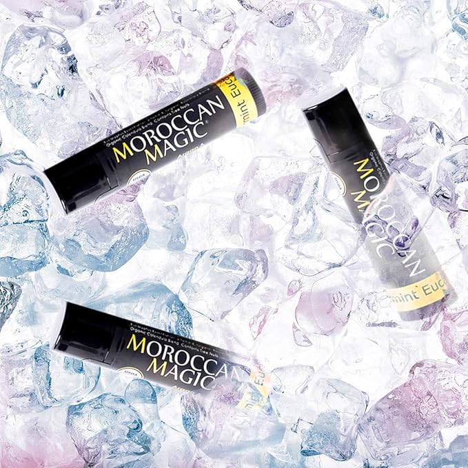 Moroccan Magic Organic Peppermint Eucalyptus Lip Balm 3 Pack | Ultra-Hydrating Argan & Essential Oil Lip Moisturizer + Vitamin E | Natural Mint Chapstick for Dry Lips | Non-Toxic | Organic Lip Balm