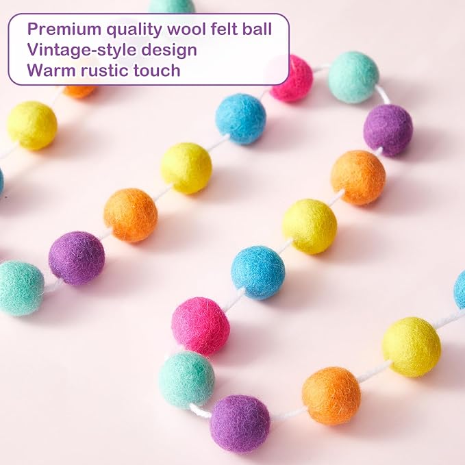 Boao 2 Pieces Wool Felt Ball Garland Colorful Pom Pom Garland Handmade 6.5 Feet Long 24 Balls Felt Banner for Wall Christmas Tree Decoration (Multiple Colors)