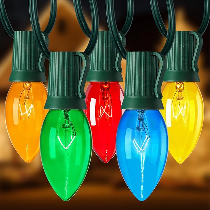Brightown 25 Feet C9 Bulb String Lights Outdoor Multicolored Christmas Lights Green Wire for Outdoor Patio Room Party Backyard Decoration, 25 Bulbs