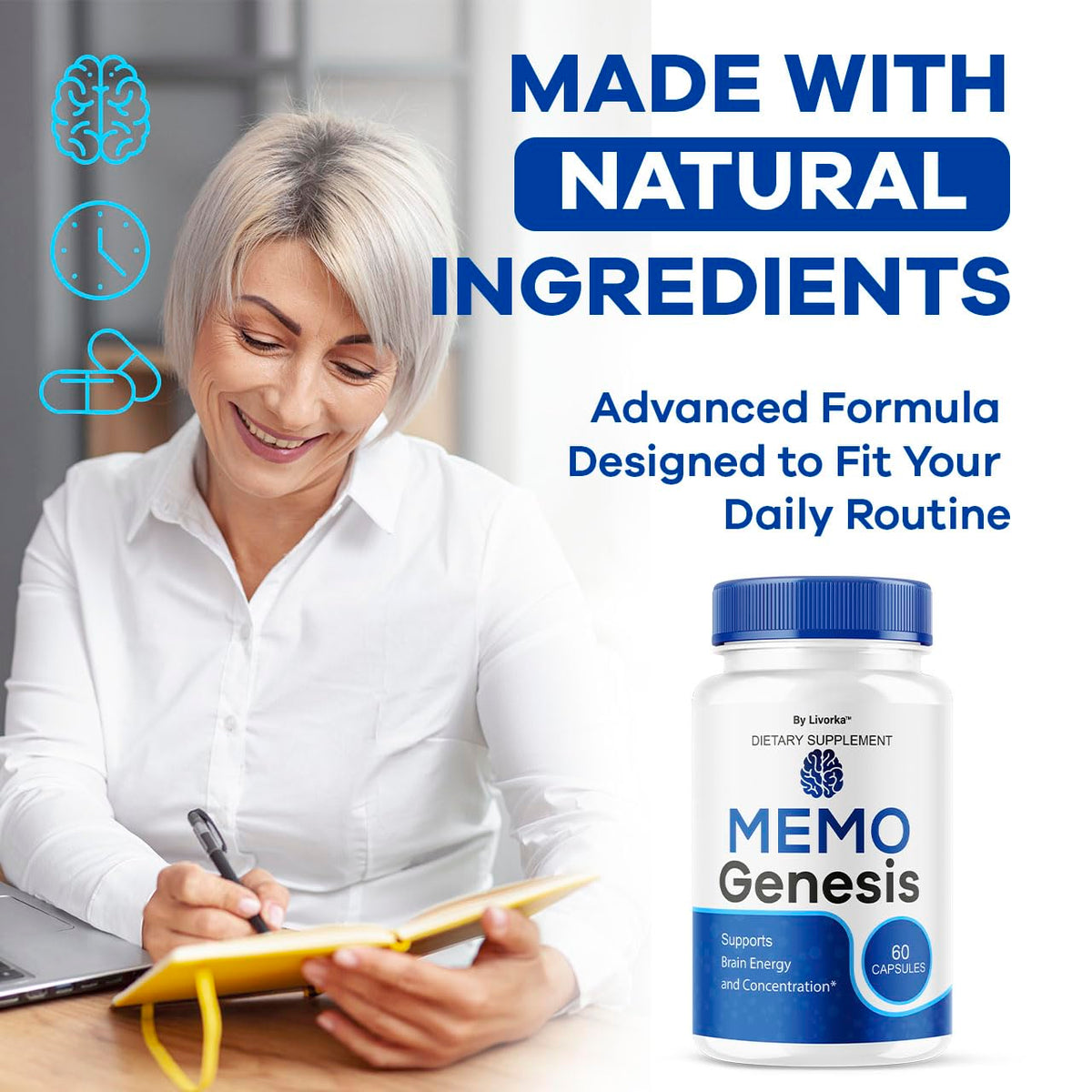 Memo Genesis Capsules - Original MemoGenesis Brain Health Daily Support Pills Natural Advanced Formula Cognitive Health & Function to Help Maintain Clarity Focus, 60 Capsules for 1 Month