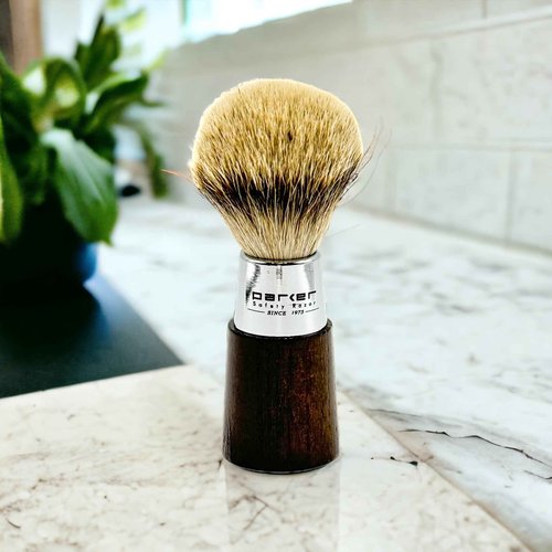 Parker Safety Razor Handmade Shaving Brush with 3-Band Silvertip Badger Bristles & Stand | Premium Walnut Wood & Chrome Handle | Luxury Wet Shave Tool for Men