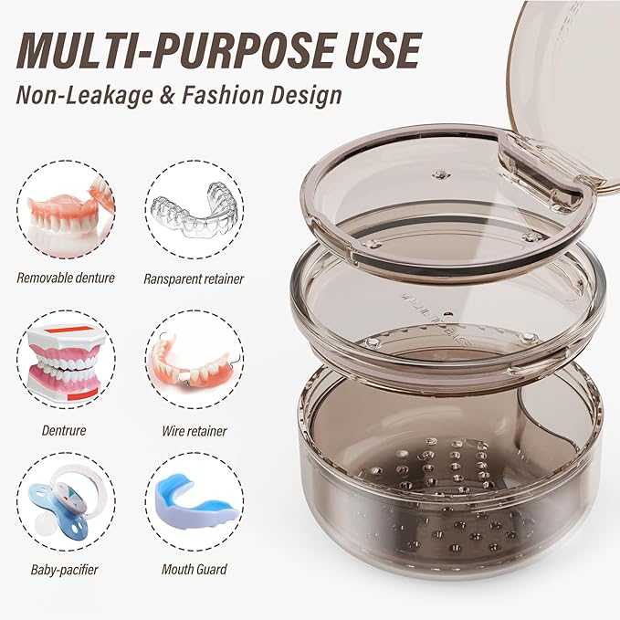 Denture Case Retainer Cleaning Case: 2 in 1 Retainer Case, No-Leak Denture Bath Box Cup, Complete Clean Care for Dentures, Clear Braces, Mouth Guard, Night Guard & Retainers