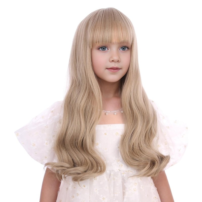 Edivd Mixed Blonde Wig for Kids Child Long Ash Blonde Wig with Flat Bangs Long Wavy Curly Wigs for Girls Heat Resistant Synthetic Wigs with Cap
