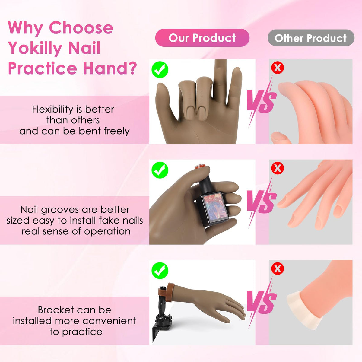 Yokilly Practice Hand for Acrylic Nails, Bendable Soft Nail Practice Hand, Flexible Plastic Nail Hand Practice, Fake Mannequin Training Hand for Nails Practice (with Clamp Holder) / Black