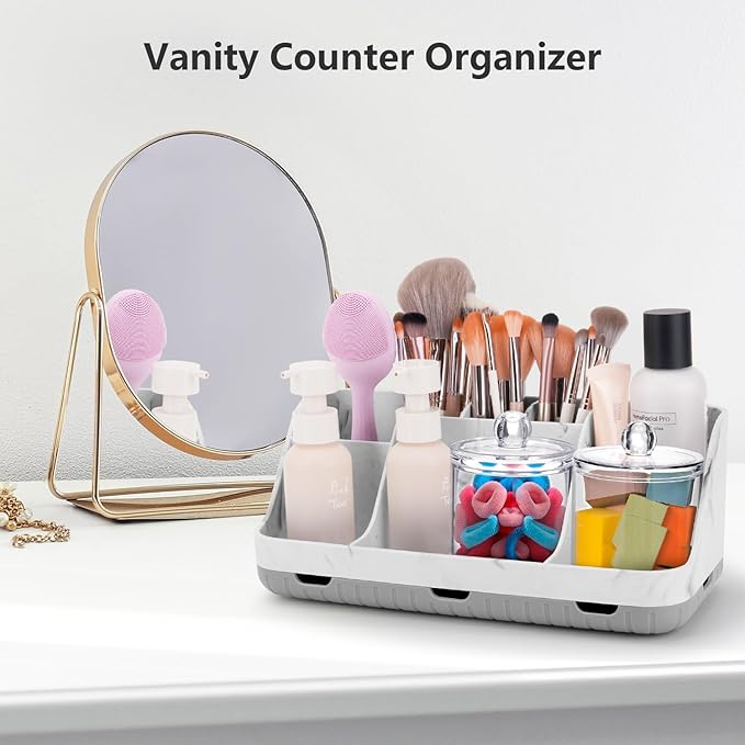Bathroom Toothbrush Holder Set with 2 Pack Qtip Holder Dispenser - Detachable 7 Slots Bathroom Accessory Set, Kids Marble Bathroom Sink Counter Set, Bathroom Essentials Decor, Grey