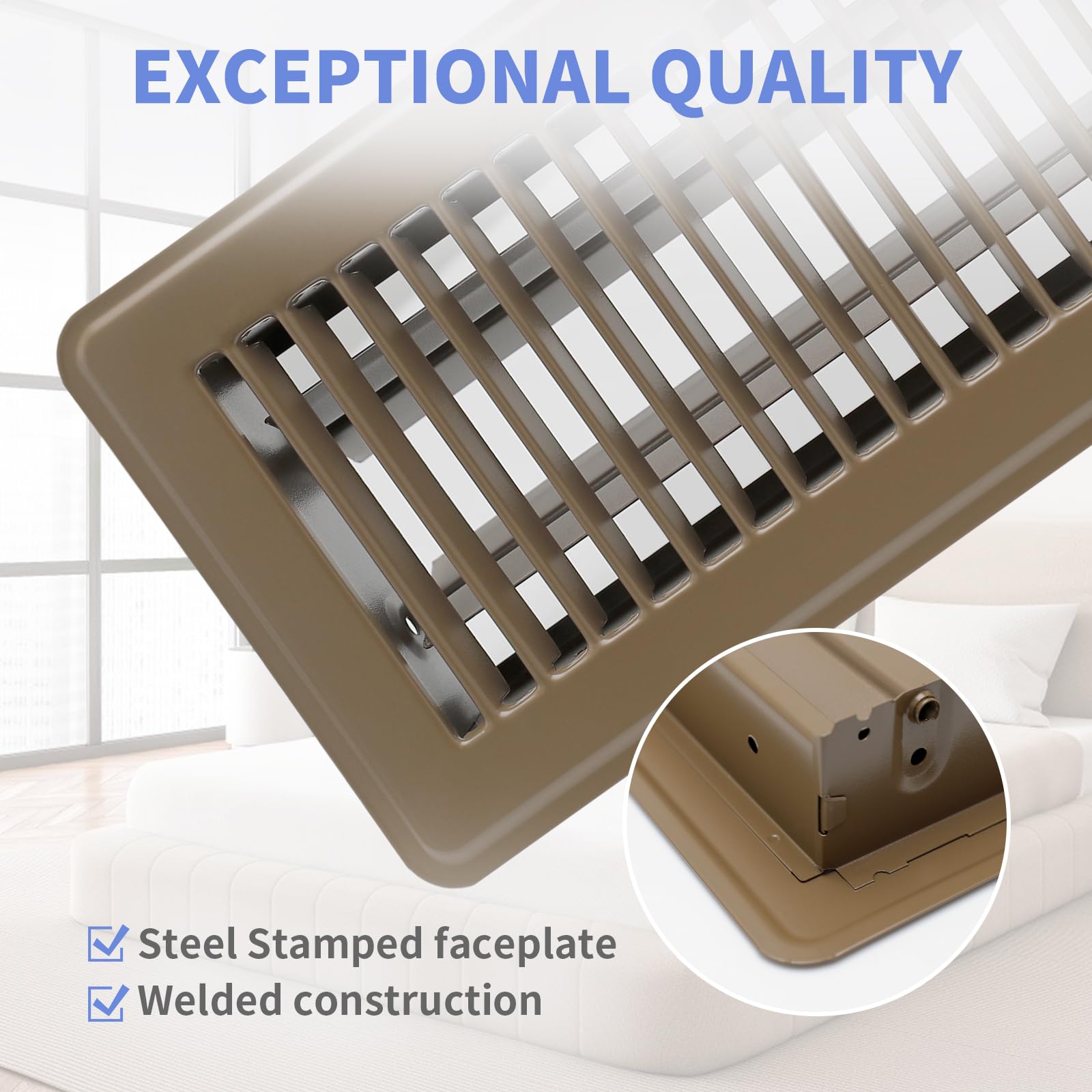 Howeall 4" x 10" Floor Register 2 Pack - Heavy Duty Steel Walkable Floor Vents - Easy Adjust Air Supply Lever - Vent Covers for Home (Brown)