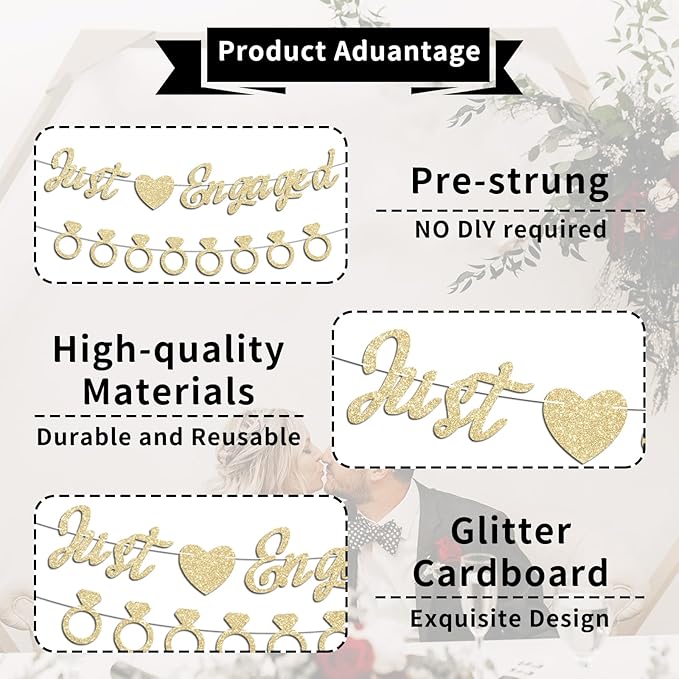 Just Engaged Banner, No DIY, Glitter Champagne Gold Engagement Party Decorations and Diamond Ring Banner Sign for Bridal Shower Wedding Shower Bachelorette Party Decorations.