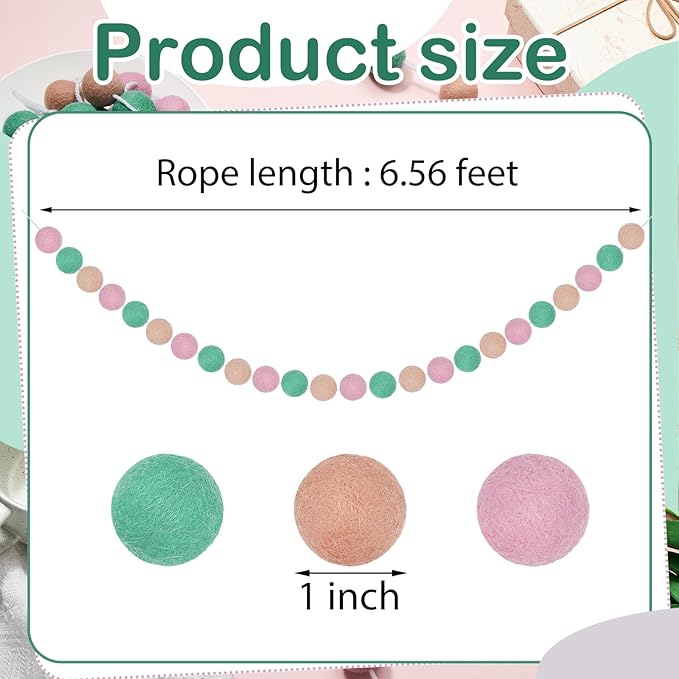 Boao 2 Pieces Wool Felt Ball Garland Colorful Pom Pom Garland Handmade 6.5 Feet Long 24 Balls Felt Banner for Wall Christmas Tree Decoration (Pink,Green)