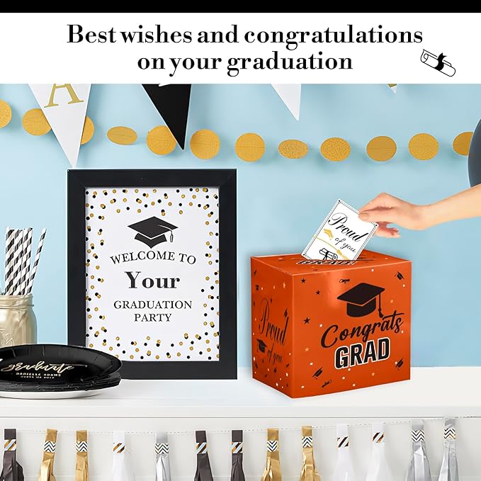 Graduation Card Box, 2026 Graduation Party Decorations, Card Boxes for Graduation 2026, Graduation Box Holder, Grad Box for Gift and Cards, Card Box for Graduation Party Supplies Party Favors, Orange