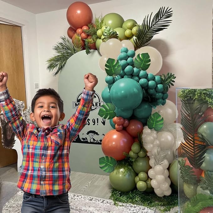 137Pcs Dinosaur Balloon Arch Garland Kit, Jurassic Themed Birthday Decorations with Green Blue Brown White Balloons, for Jungle Theme Party, Dino Balloon for Kids