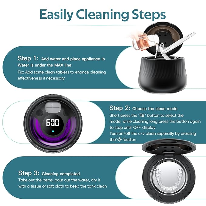 Ultrasonic Retainer Cleaner Machine- 45kHz Denture Cleaner, 200ML Dental Cleaning Pod for Aligners, Mouth Night Guards, Toothbrush Heads & Jewelry, 4 Cleaning Modes, Digital Timer, Black