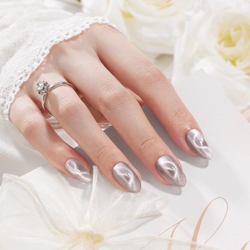 VSALON Press On Nails Short Almond- Cat Eye Silver Shimmer Nails Kit