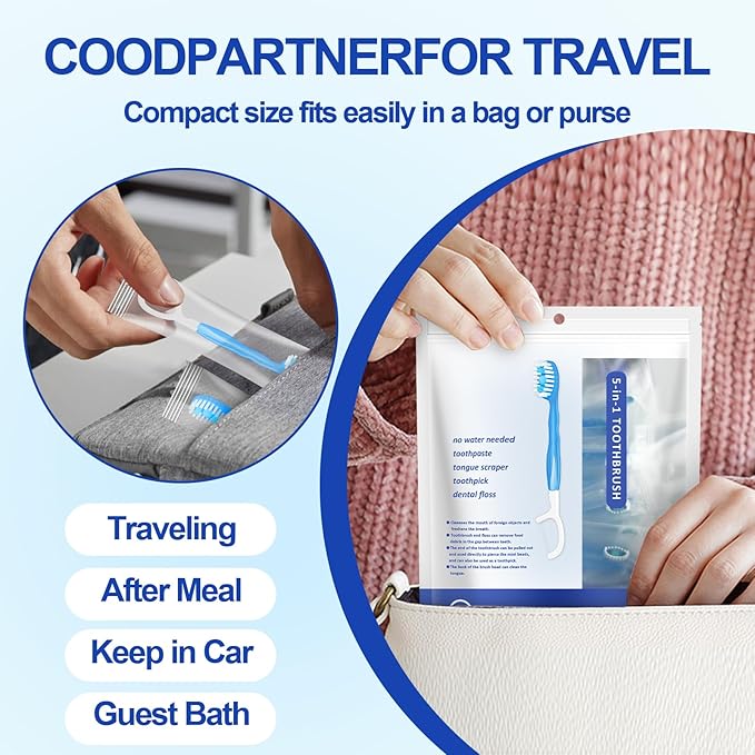 26 Pack Mini Disposable Toothbrushes with Toothpaste 5 in 1 Travel Portable Toothbrush Individually Wrapped with Toothpaste + Tongue Scraper + Picks+Floss Travel Case (Mix 4 Flavors, 26)