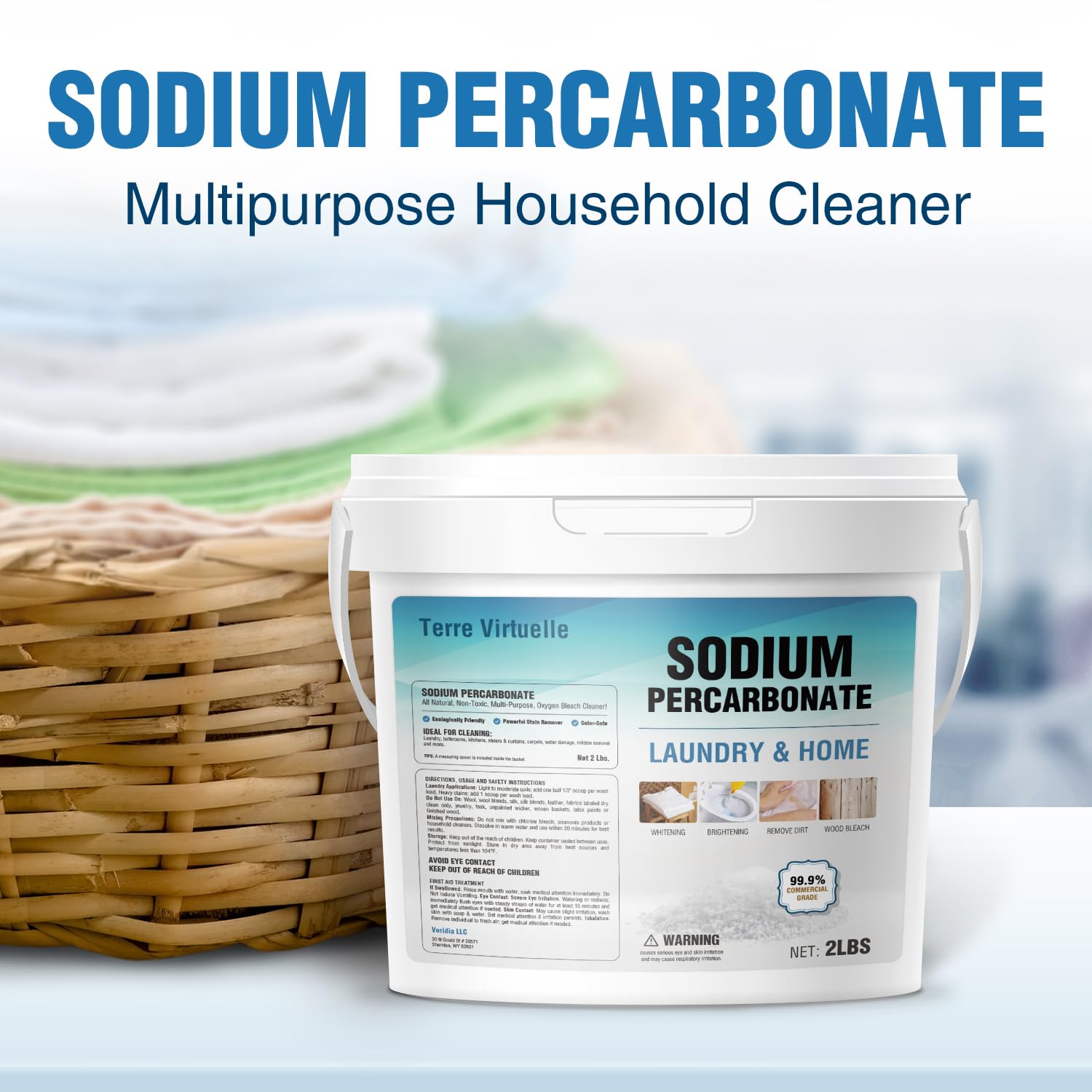 Terre Virtuelle Sodium Percarbonate – Oxygen Bleach Powder & Laundry Booster – Multi-Purpose Cleaner for Stain Removal, Whitening, Deodorizing – Chlorine-Free (2LBS)